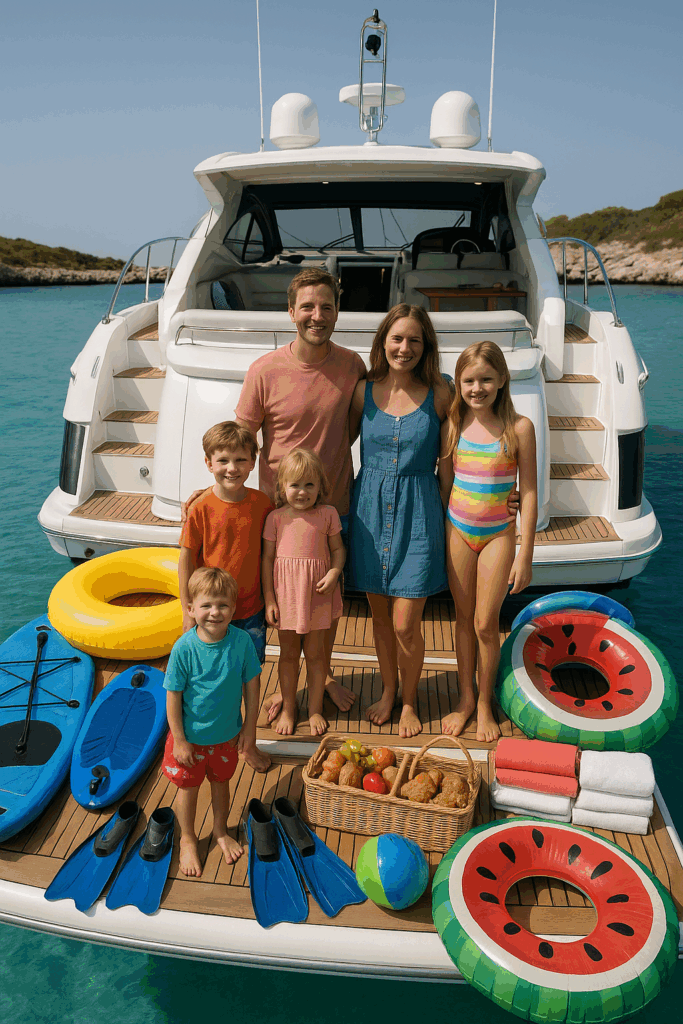 Family with 4 kids from 2 to 12 in front of a yacht with tons of water toys, food, towels, etc.