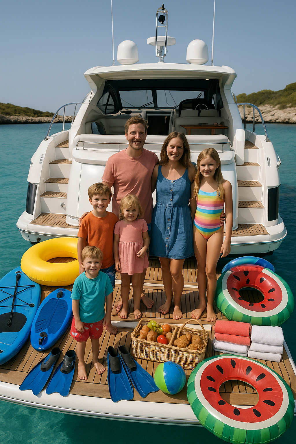 Family with 4 kids from 2 to 12 in front of a yacht with tons of water toys, food, towels, etc.