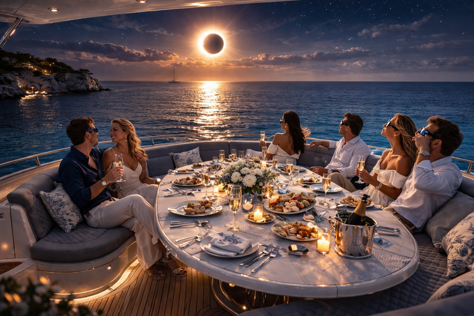 Elegant dinner with solar eclipse in Menorca on a luxury yacht