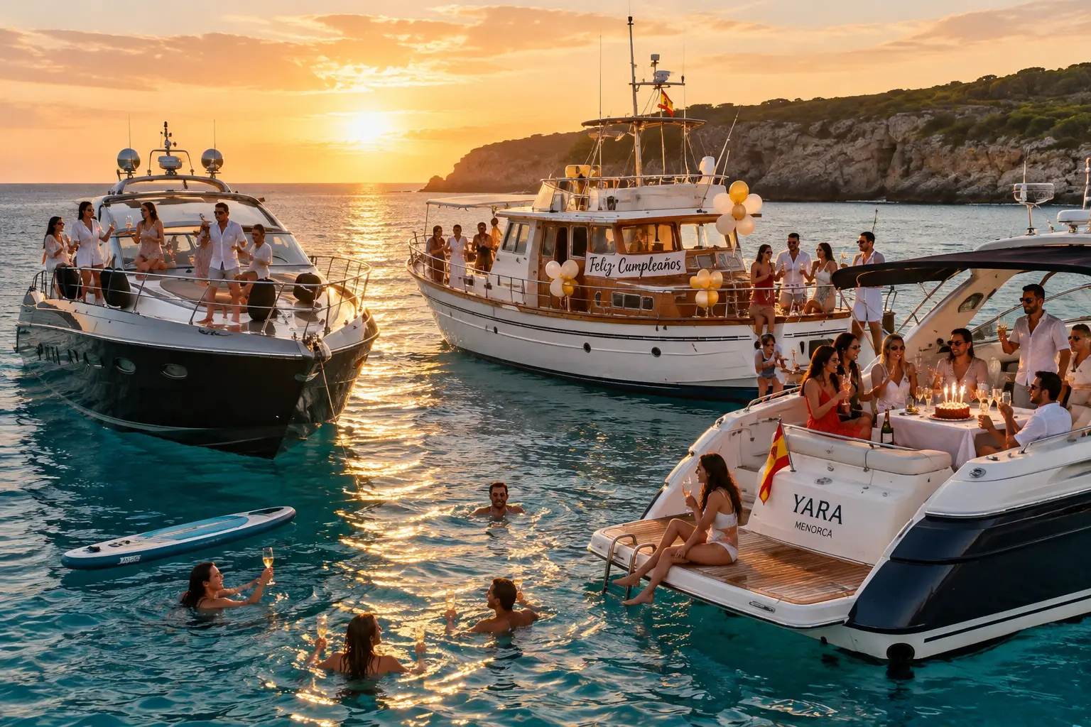 Private Geburtstagsfeier auf mehreren Booten vor Menorca