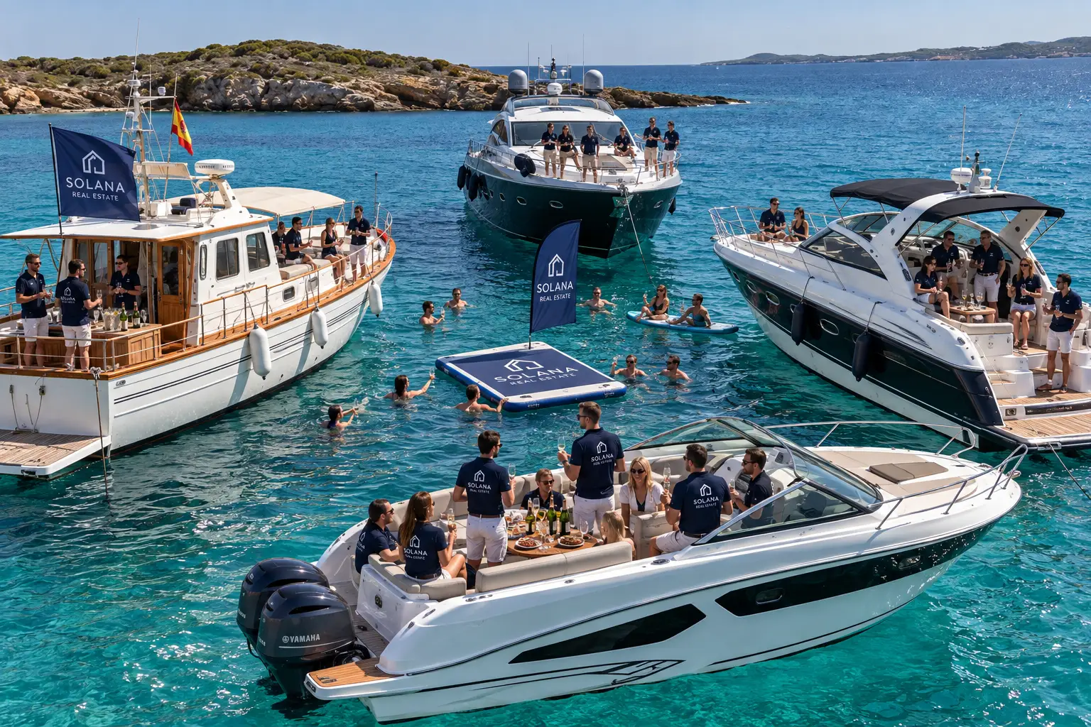 Evento corporativo mit mehreren Booten vor Menorca
