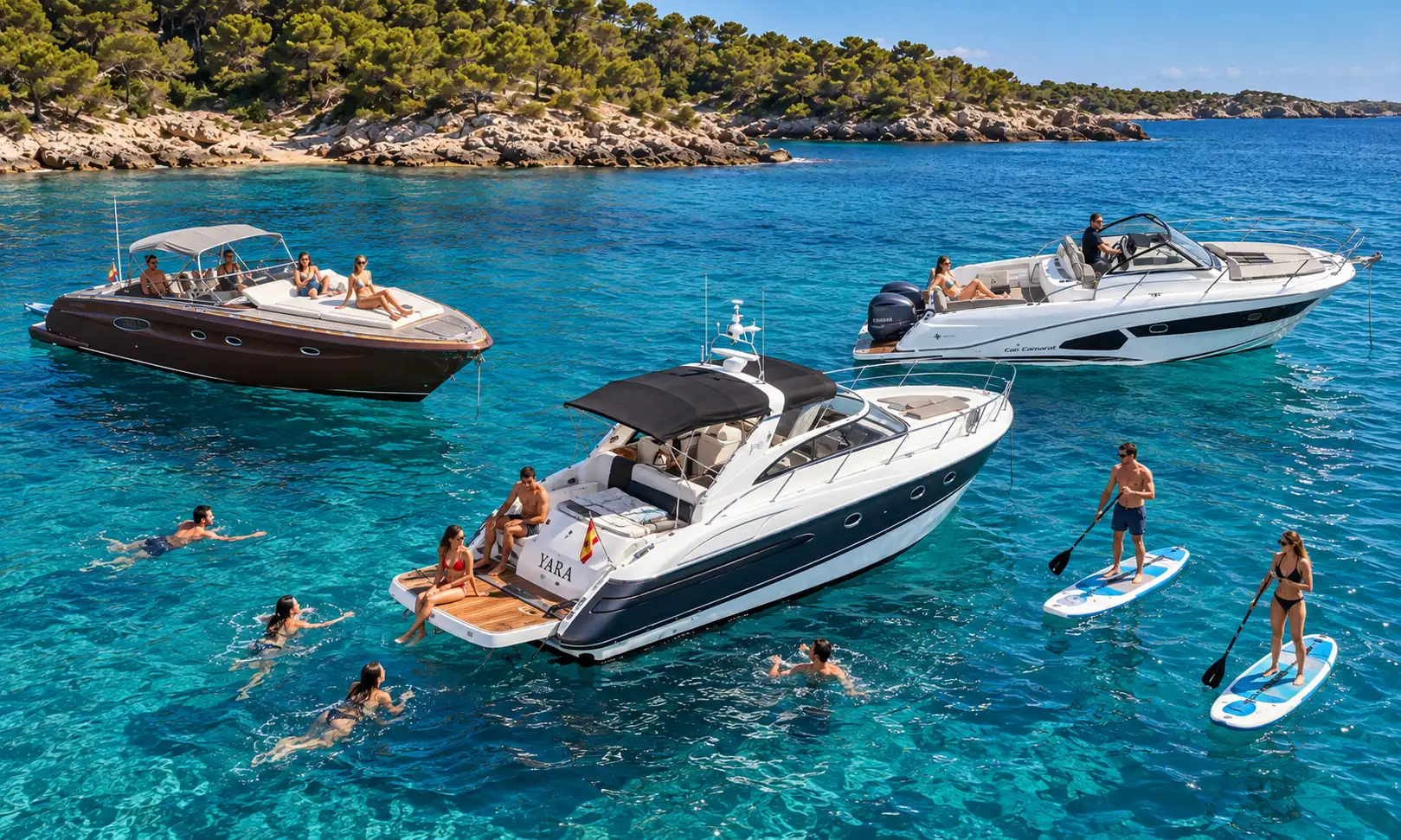 Mehrere Boote von Boat Charter Menorca gemeinsam in einer Bucht mit invitadosn und Wassersport